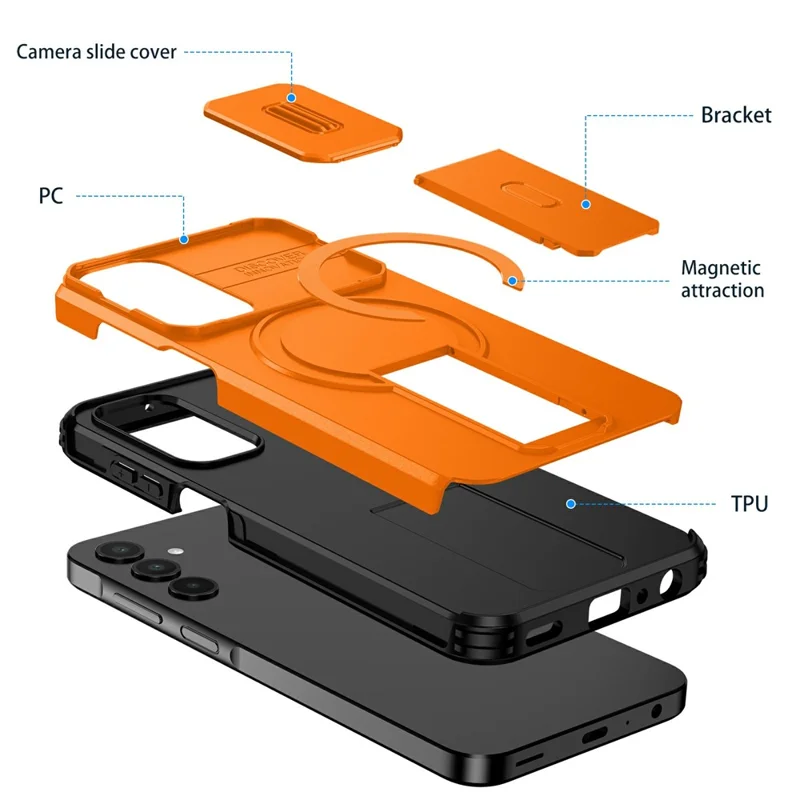 For Samsung Galaxy A25 5G (Global) (161mm) Magnetic Case Kickstand Camera Slider PC + TPU Phone Cover - Orange