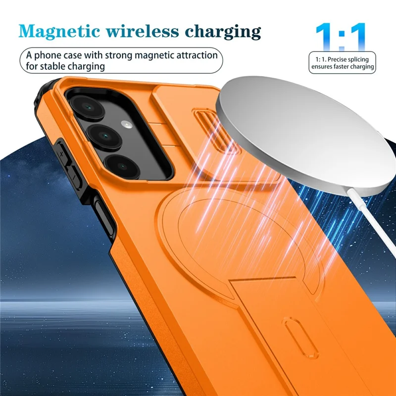 For Samsung Galaxy A25 5G (Global) (161mm) Magnetic Case Kickstand Camera Slider PC + TPU Phone Cover - Orange