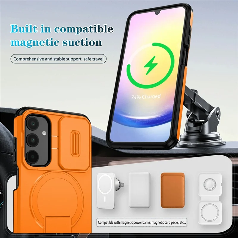 For Samsung Galaxy A25 5G (Global) (161mm) Magnetic Case Kickstand Camera Slider PC + TPU Phone Cover - Orange