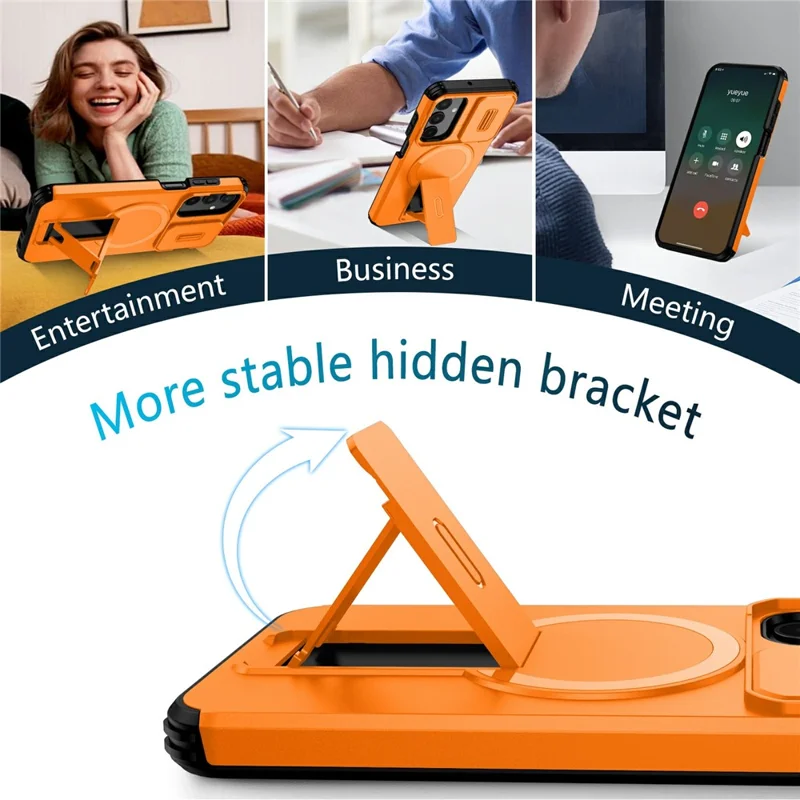 For Samsung Galaxy A25 5G (Global) (161mm) Magnetic Case Kickstand Camera Slider PC + TPU Phone Cover - Orange