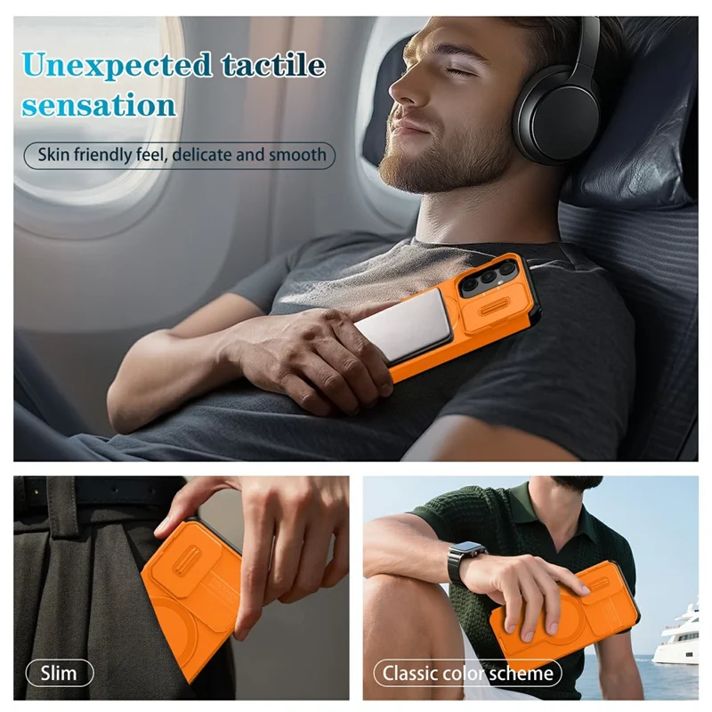 For Samsung Galaxy A25 5G (Global) (161mm) Magnetic Case Kickstand Camera Slider PC + TPU Phone Cover - Orange