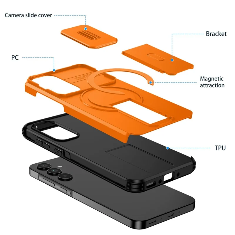 For Samsung Galaxy A35 5G Magnetic Case Kickstand Camera Slider PC + TPU Phone Cover - Orange