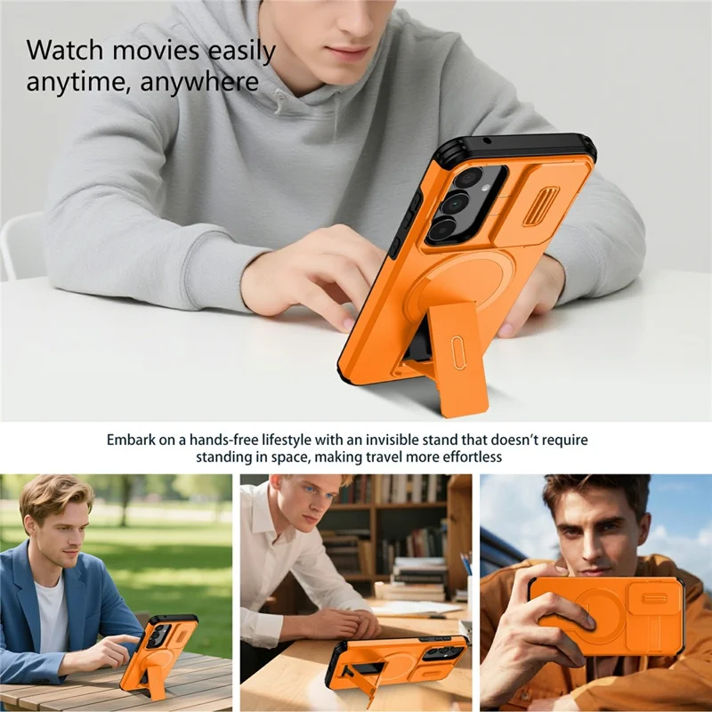 For Samsung Galaxy A35 5G Magnetic Case Kickstand Camera Slider PC + TPU Phone Cover - Orange