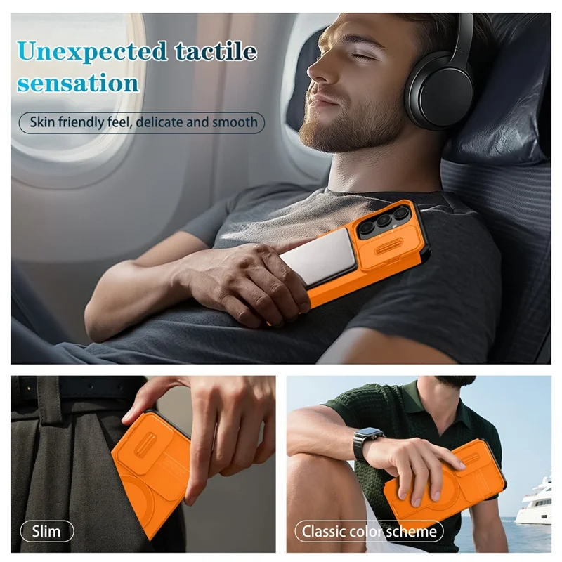 For Samsung Galaxy A35 5G Magnetic Case Kickstand Camera Slider PC + TPU Phone Cover - Orange