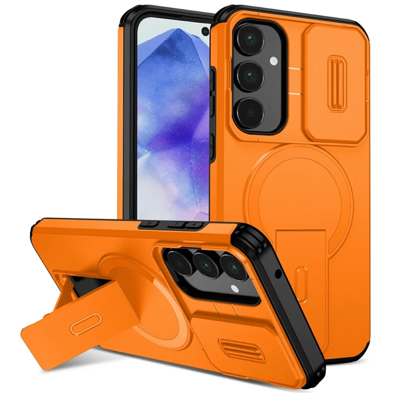 For Samsung Galaxy A55 5G Magnetic Case Kickstand Camera Slider PC + TPU Phone Cover - Orange