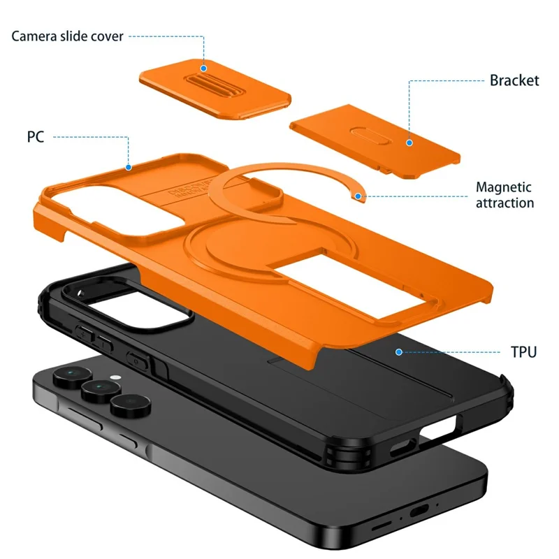 For Samsung Galaxy A55 5G Magnetic Case Kickstand Camera Slider PC + TPU Phone Cover - Orange