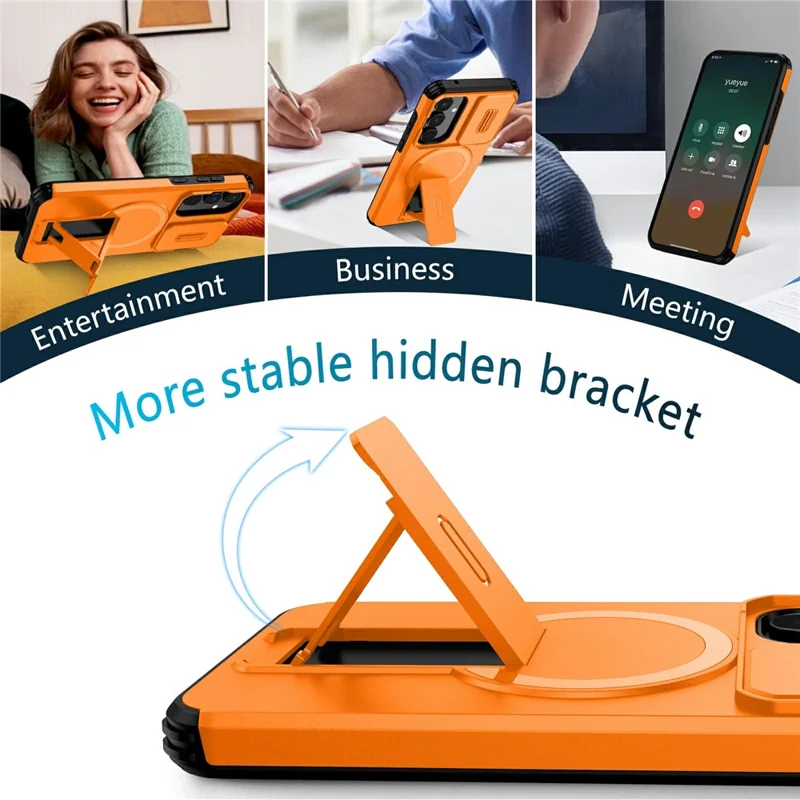 For Samsung Galaxy A55 5G Magnetic Case Kickstand Camera Slider PC + TPU Phone Cover - Orange
