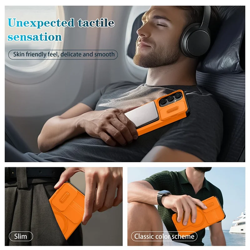 For Samsung Galaxy A55 5G Magnetic Case Kickstand Camera Slider PC + TPU Phone Cover - Orange