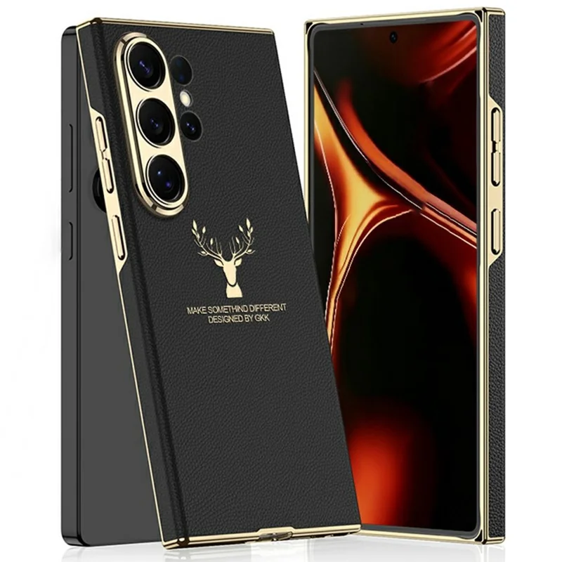 GKK For Samsung Galaxy S26 Ultra Phone Case Elk Pattern Electroplated Frame PC TPU PU Back Cover - Black