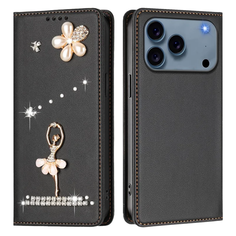 For iPhone 17 Pro Max Leather Case RFID Blocking Wallet Stand Rhinestones Ballet Dancer Flip Phone Cover - Black