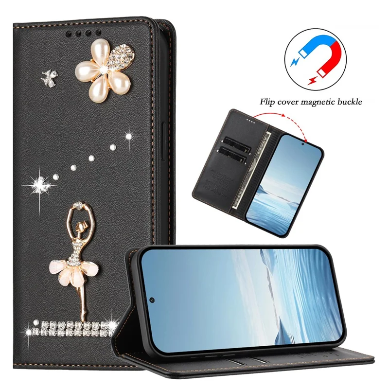 For iPhone 17 Pro Max Leather Case RFID Blocking Wallet Stand Rhinestones Ballet Dancer Flip Phone Cover - Black