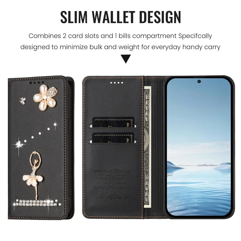For iPhone 17 Pro Max Leather Case RFID Blocking Wallet Stand Rhinestones Ballet Dancer Flip Phone Cover - Black