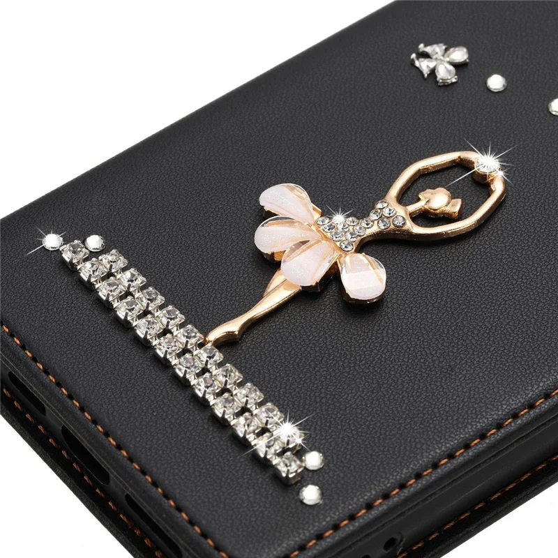 For iPhone 17 Pro Max Leather Case RFID Blocking Wallet Stand Rhinestones Ballet Dancer Flip Phone Cover - Black