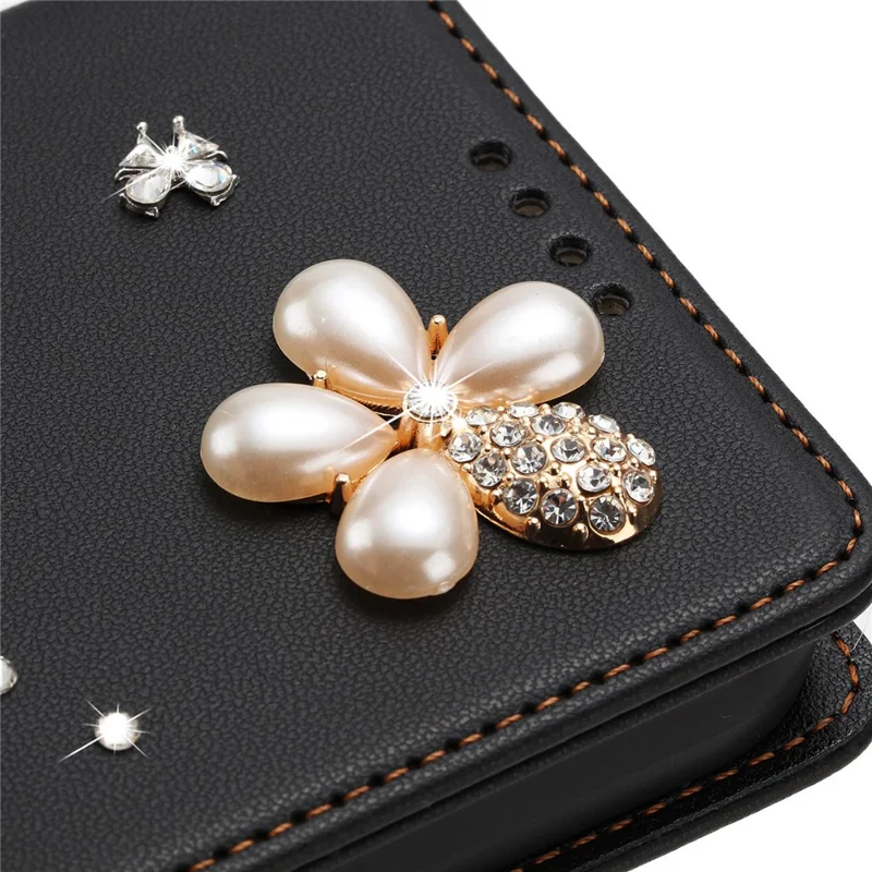 For iPhone 17 Pro Max Leather Case RFID Blocking Wallet Stand Rhinestones Ballet Dancer Flip Phone Cover - Black