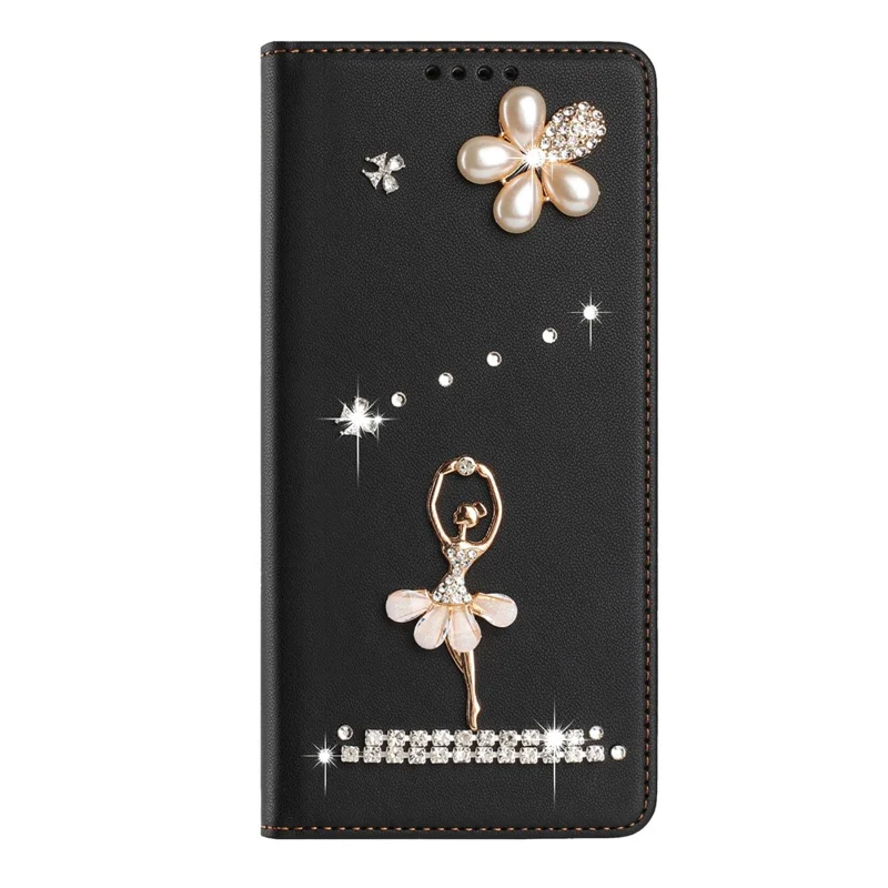 For iPhone 17 Pro Max Leather Case RFID Blocking Wallet Stand Rhinestones Ballet Dancer Flip Phone Cover - Black