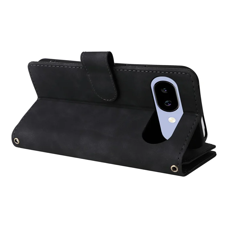 For Google Pixel 10a Case Zipper Wallet Multiple Card Slots Leather Phone Cover with Wrist Strap - Black