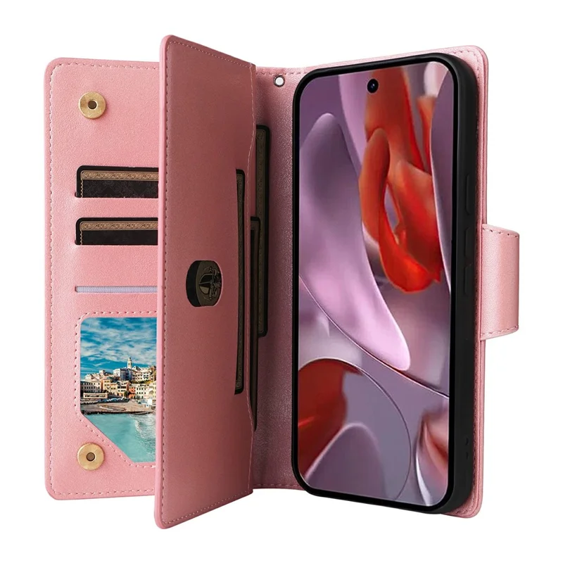 For Google Pixel 10a Case Zipper Wallet Rivet Decor Leather Phone Cover with Wrist Strap - Rose Gold