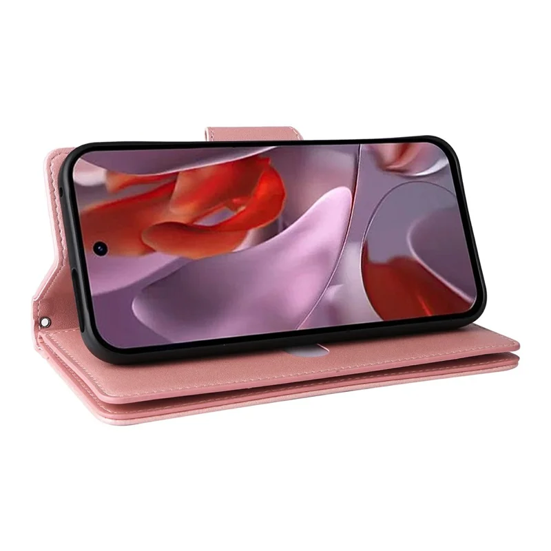 For Google Pixel 10a Case Zipper Wallet Rivet Decor Leather Phone Cover with Wrist Strap - Rose Gold