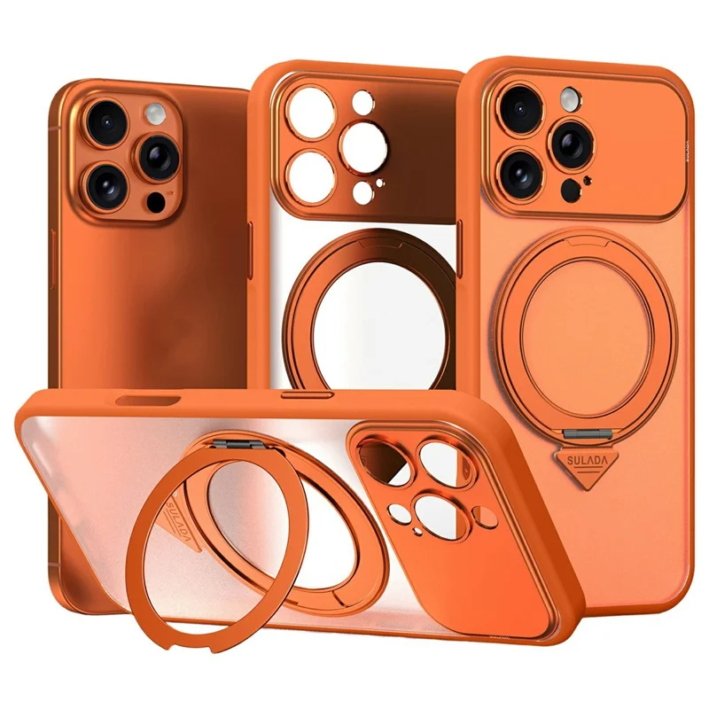 SULADA For iPhone 16 Pro Magnetic Phone Case Transfer to 17 Pro with 360° Rotating Kickstand PC TPU Back Cover - Orange