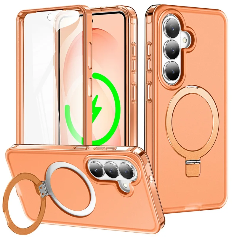 For Samsung Galaxy S26+ Magnetic Case Kickstand Frosted TPU + PC Phone Cover with PET Screen Protector - Orange