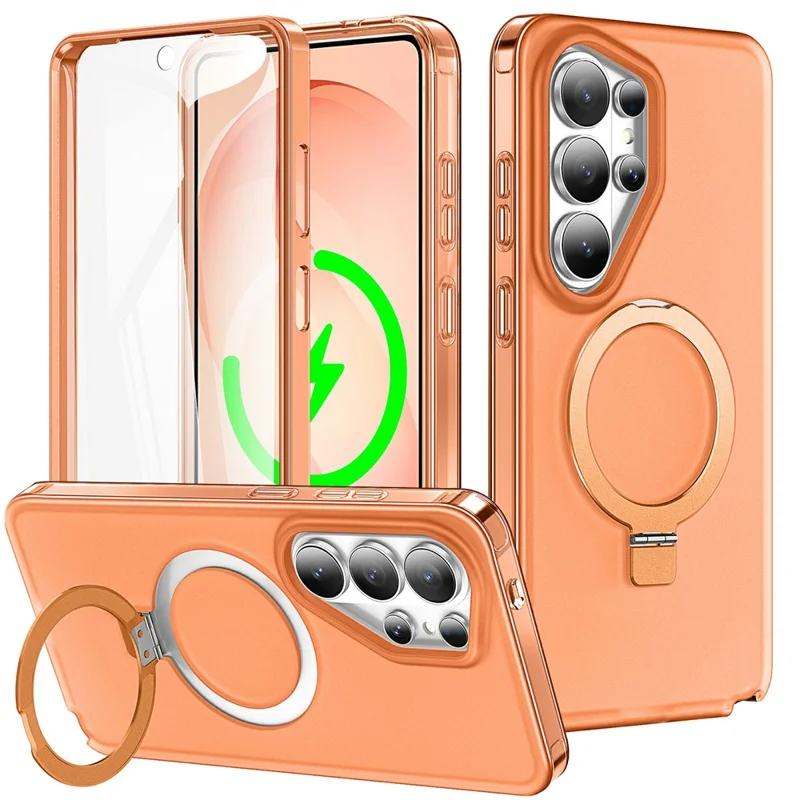 For Samsung Galaxy S26 Ultra Magnetic Case Kickstand Frosted TPU + PC Phone Cover with PET Screen Protector - Orange