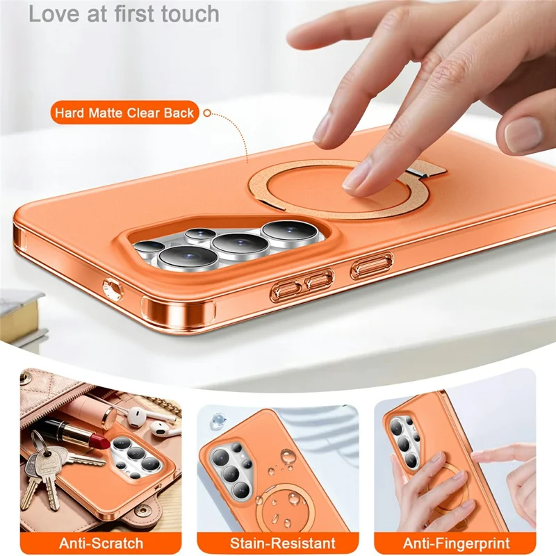 For Samsung Galaxy S26 Ultra Magnetic Case Kickstand Frosted TPU + PC Phone Cover with PET Screen Protector - Orange