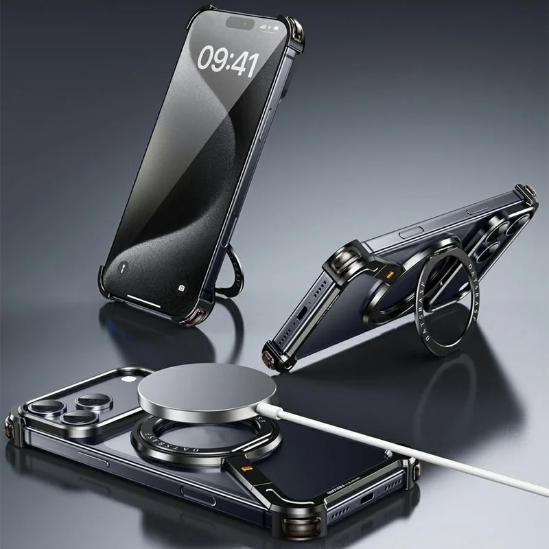 Bulk Purchasing For iPhone 17 Pro Magnetic Case Rotary Kickstand Metal Phone Bumper Cover - Black