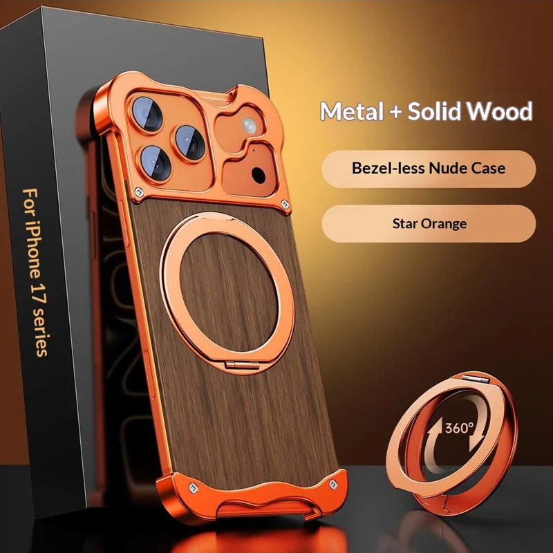 Bulk Purchasing For iPhone 17 Pro Max Magnetic Case Rotating Kickstand Metal + Solid Wood Phone Cover Compatible with MagSafe - Black