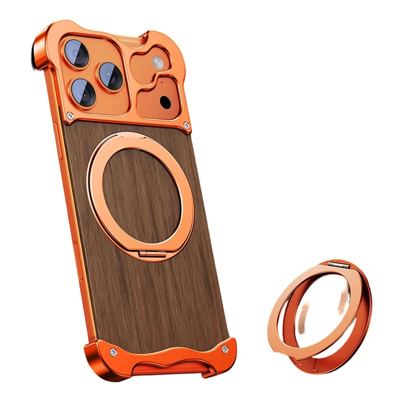 Bulk Purchasing For iPhone 17 Pro Magnetic Case Rotating Kickstand Metal + Solid Wood Phone Cover Compatible with MagSafe - Orange