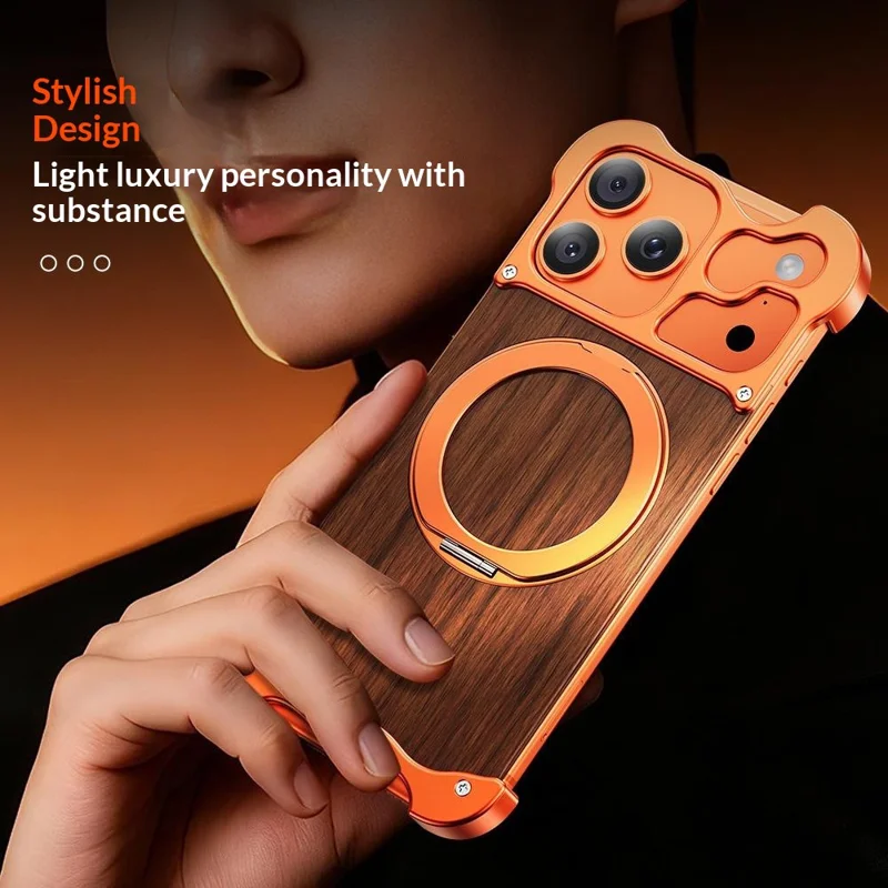 Bulk Purchasing For iPhone 17 Pro Magnetic Case Rotating Kickstand Metal + Solid Wood Phone Cover Compatible with MagSafe - Orange