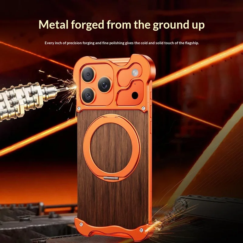 Bulk Purchasing For iPhone 17 Pro Magnetic Case Rotating Kickstand Metal + Solid Wood Phone Cover Compatible with MagSafe - Orange