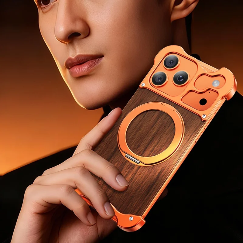 Bulk Purchasing For iPhone 17 Pro Magnetic Case Rotating Kickstand Metal + Solid Wood Phone Cover Compatible with MagSafe - Orange