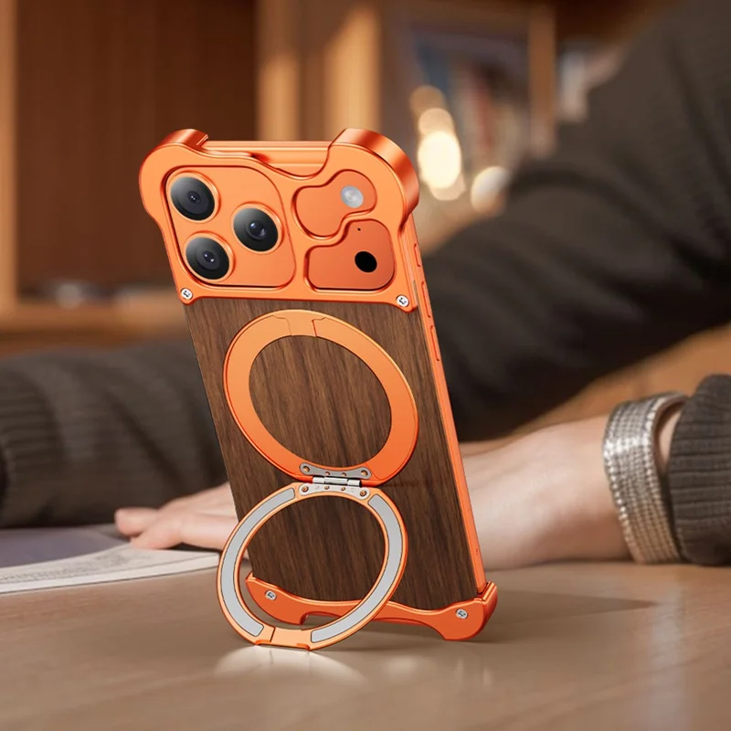 Bulk Purchasing For iPhone 17 Pro Magnetic Case Rotating Kickstand Metal + Solid Wood Phone Cover Compatible with MagSafe - Orange