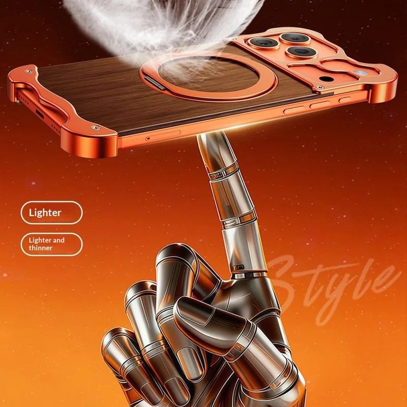 Bulk Purchasing For iPhone 17 Pro Magnetic Case Rotating Kickstand Metal + Solid Wood Phone Cover Compatible with MagSafe - Orange
