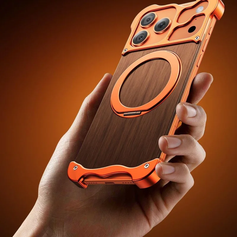 Bulk Purchasing For iPhone 17 Pro Magnetic Case Rotating Kickstand Metal + Solid Wood Phone Cover Compatible with MagSafe - Orange