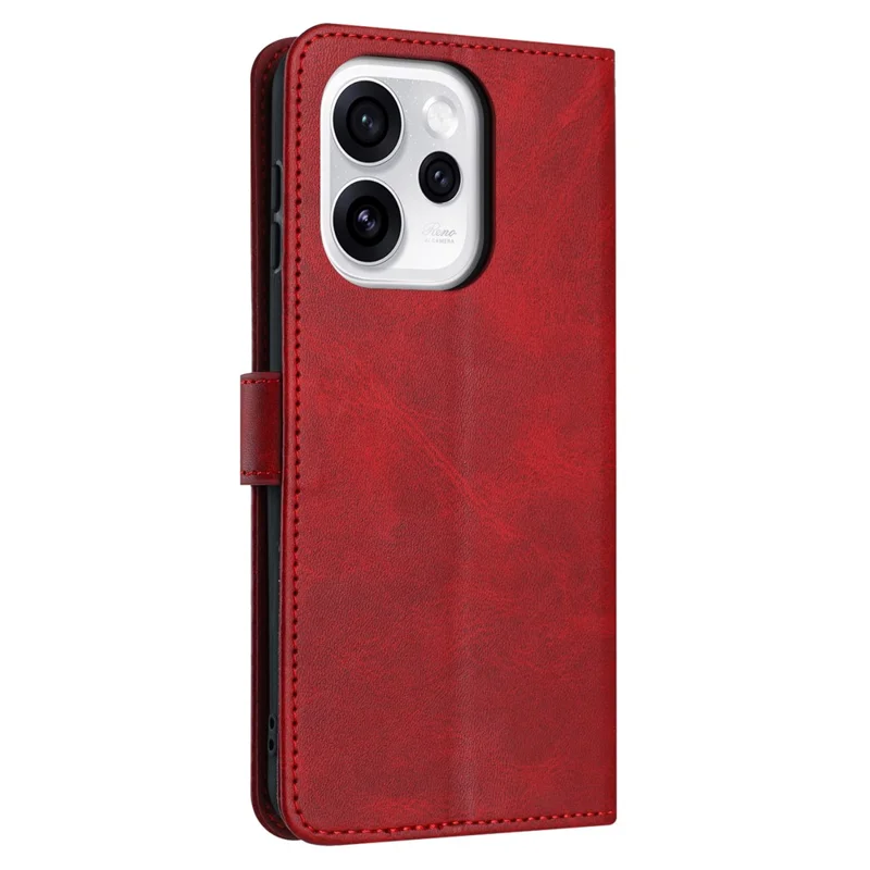 For Oppo Reno15 F 5G Wallet Case Flip Stand Calf Texture PU Leather Phone Cover with Strap - Red