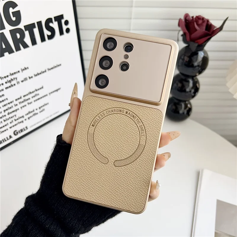 For Samsung Galaxy S25 Ultra Case Precise Cutouts Textured PU Leather Coated PC + TPU Phone Cover - Khaki
