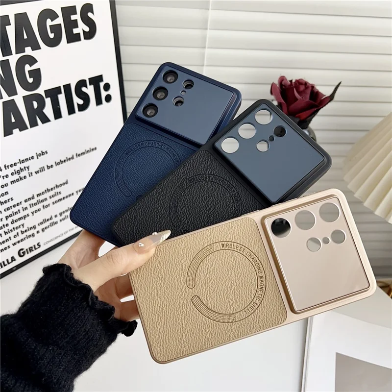 For Samsung Galaxy S24 Ultra Case Precise Cutouts Textured PU Leather Coated PC + TPU Phone Cover - Khaki