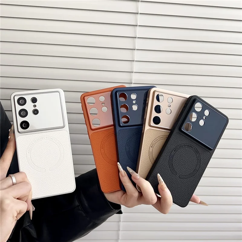 For Samsung Galaxy S24 Ultra Case Precise Cutouts Textured PU Leather Coated PC + TPU Phone Cover - Khaki