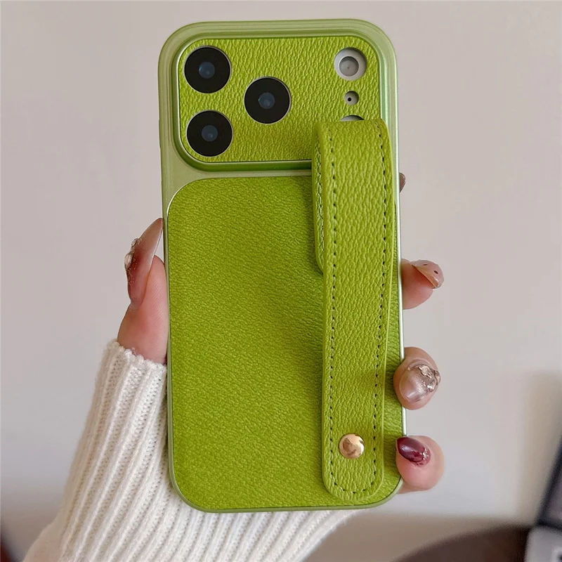 For iPhone 17 Pro Case with Wristband Precise Cutouts Textured TPU PU Leather PC Phone Cover - Green