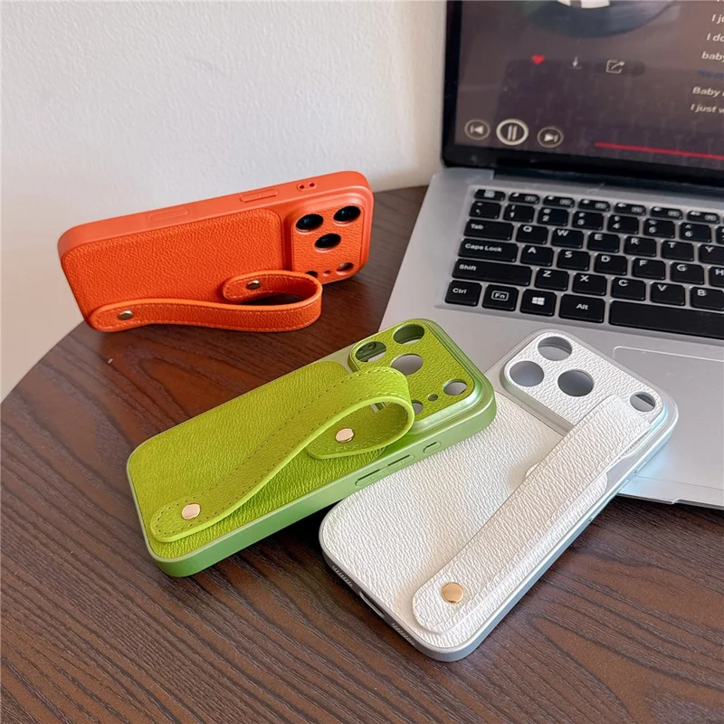 For iPhone 17 Pro Case with Wristband Precise Cutouts Textured TPU PU Leather PC Phone Cover - Green