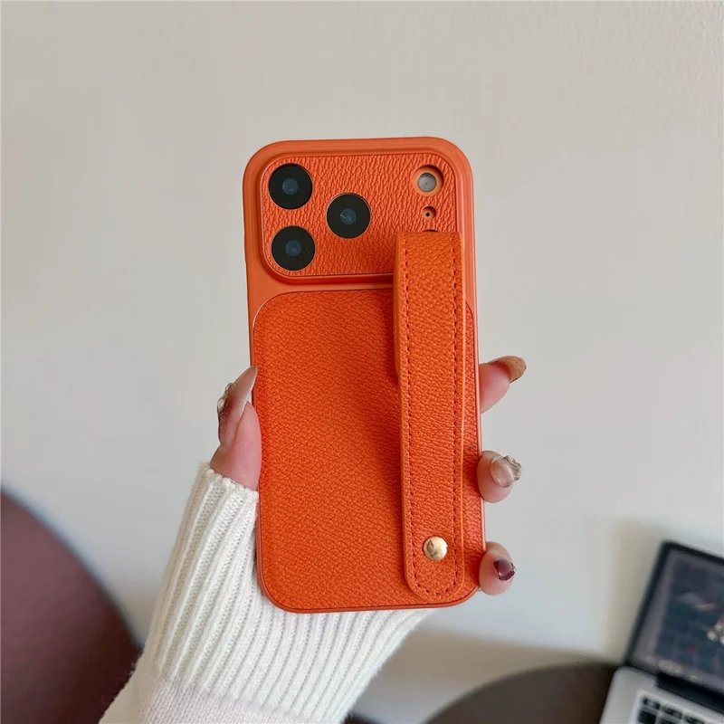 For iPhone 17 Pro Max Case with Wristband Precise Cutouts Textured TPU PU Leather PC Phone Cover - Orange