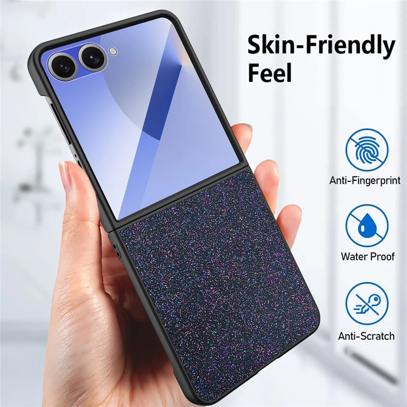 For Samsung Galaxy Z Flip7 5G Case Anti-Fingerprint PU + PC + Tempered Glass Phone Back Cover - Black