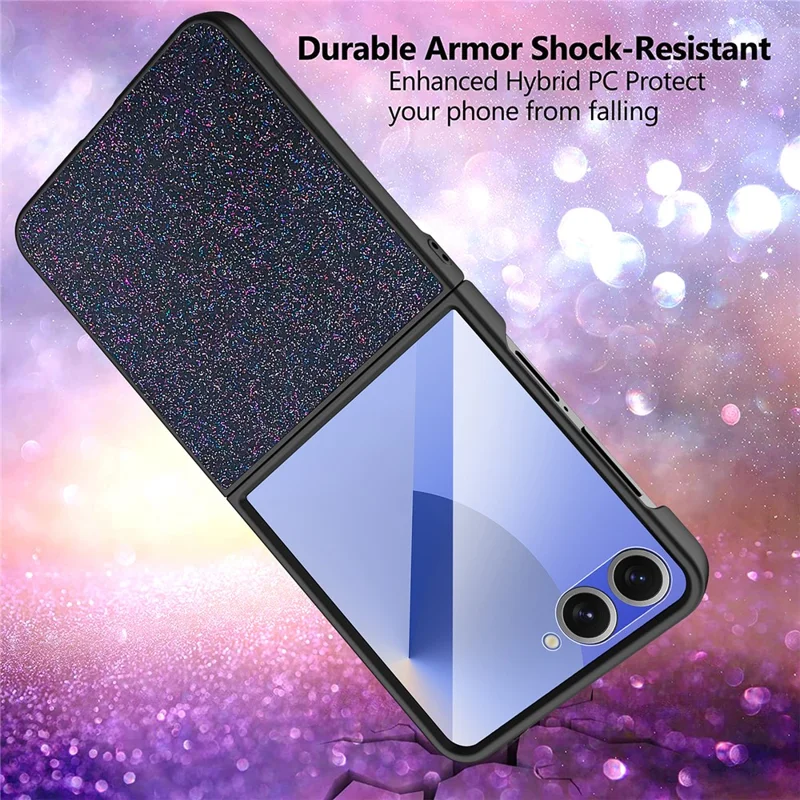 For Samsung Galaxy Z Flip7 5G Case Anti-Fingerprint PU + PC + Tempered Glass Phone Back Cover - Black