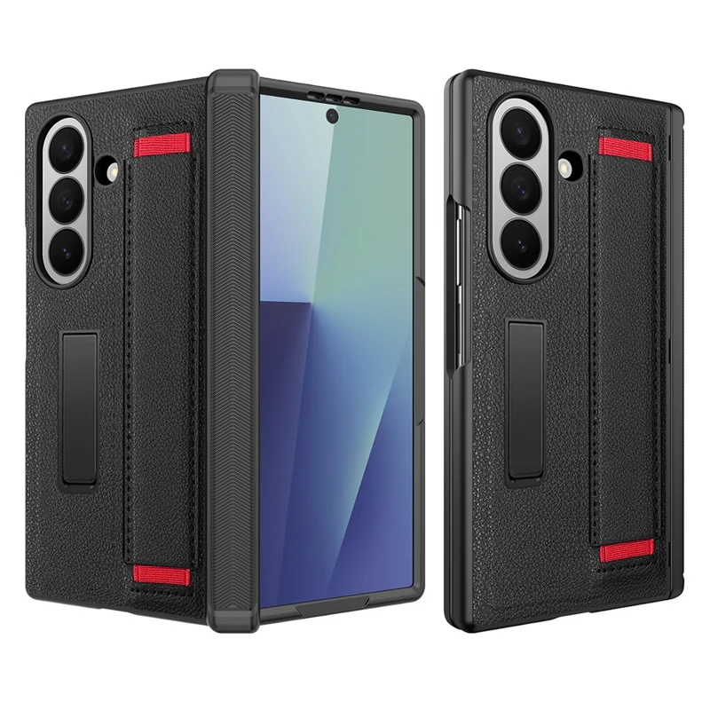For Samsung Galaxy Z Fold7 5G Case PC PU Leather Wristband Design Phone Cover with Kickstand and Front Screen Film - Black