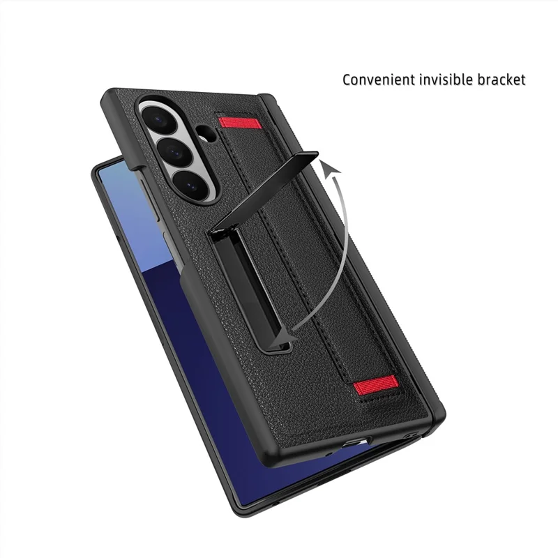 For Samsung Galaxy Z Fold7 5G Case PC PU Leather Wristband Design Phone Cover with Kickstand and Front Screen Film - Black