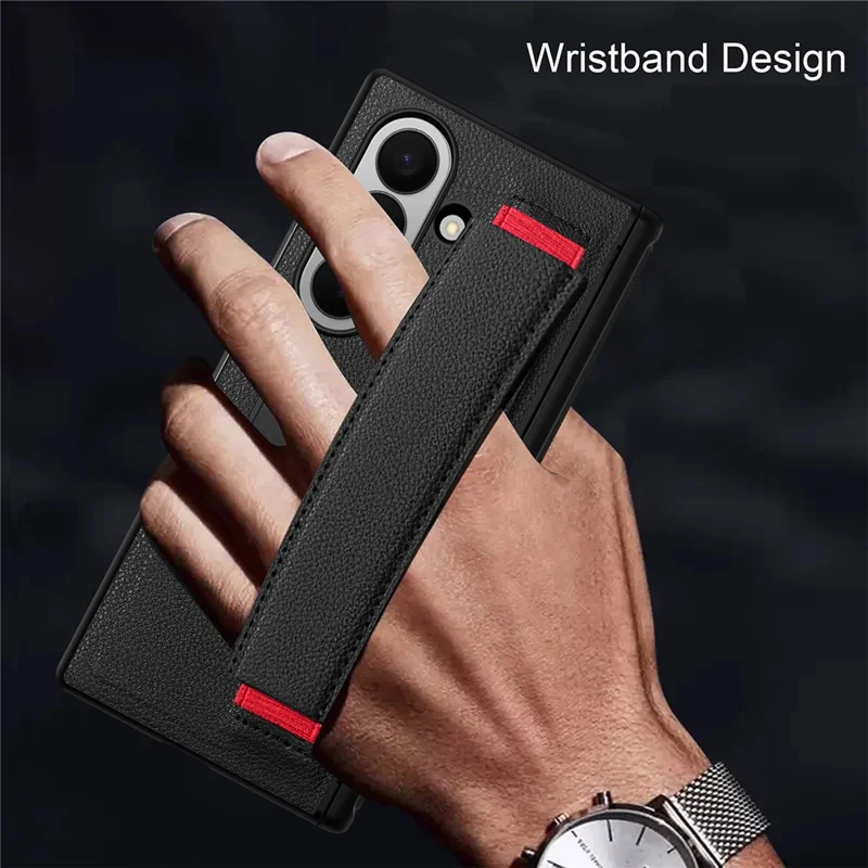 For Samsung Galaxy Z Fold7 5G Case PC PU Leather Wristband Design Phone Cover with Kickstand and Front Screen Film - Black