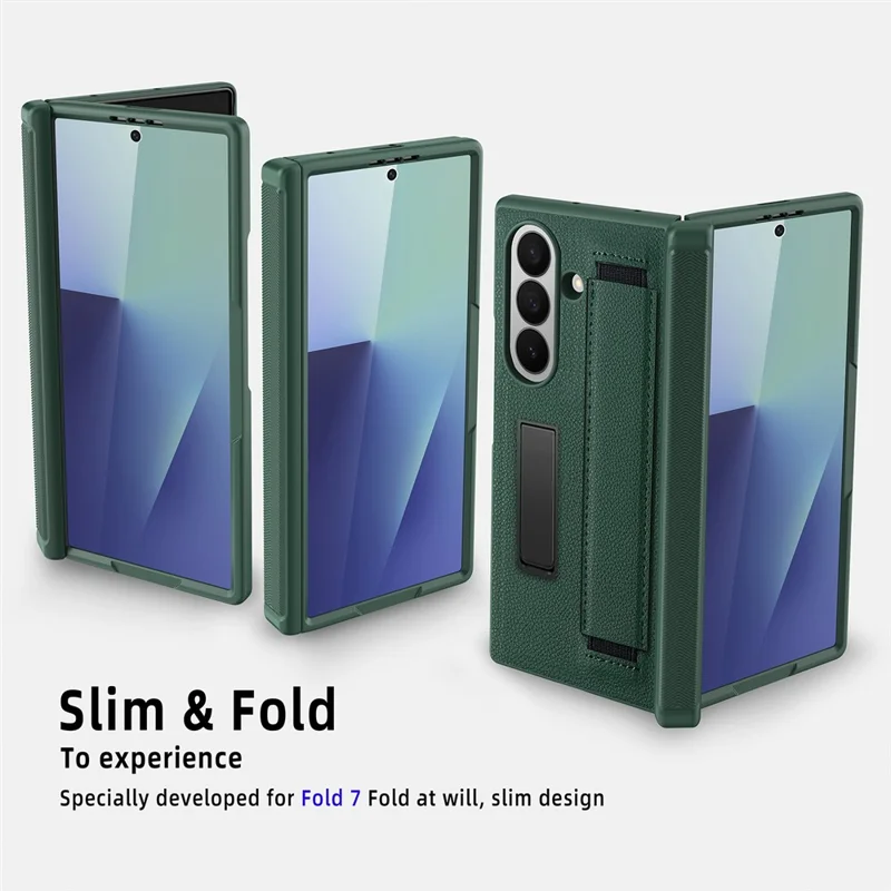 For Samsung Galaxy Z Fold7 5G Case PC PU Leather Wristband Design Phone Cover with Kickstand and Front Screen Film - Black