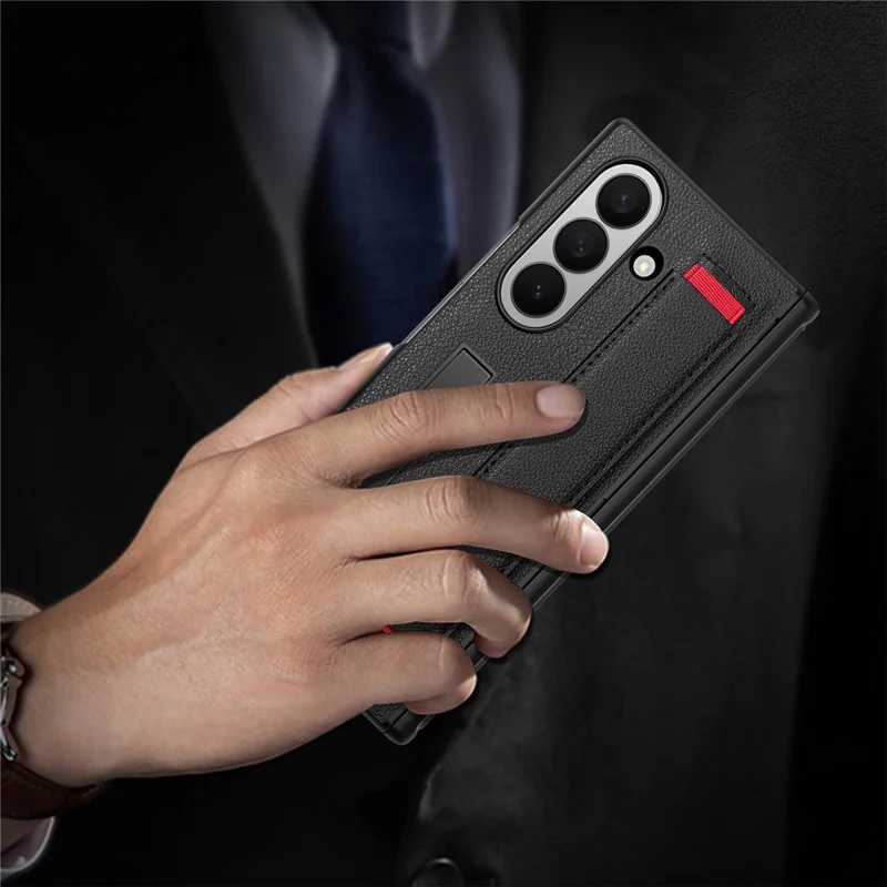 For Samsung Galaxy Z Fold7 5G Case PC PU Leather Wristband Design Phone Cover with Kickstand and Front Screen Film - Black