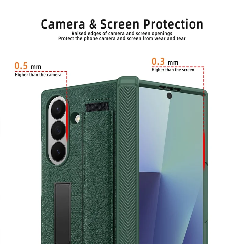 For Samsung Galaxy Z Fold7 5G Case PC PU Leather Wristband Design Phone Cover with Kickstand and Front Screen Film - Black